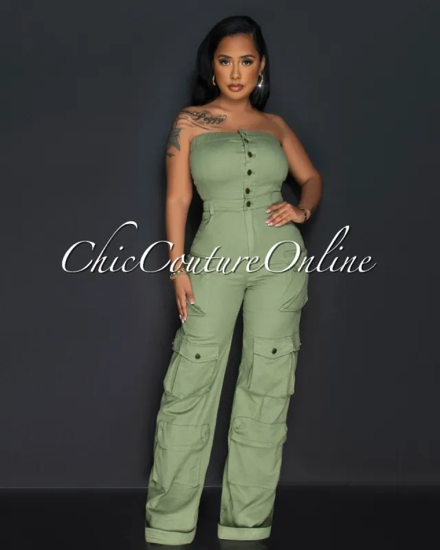 Marie Green Denim Strapless Cargo Jumpsuit sold by Chic Couture