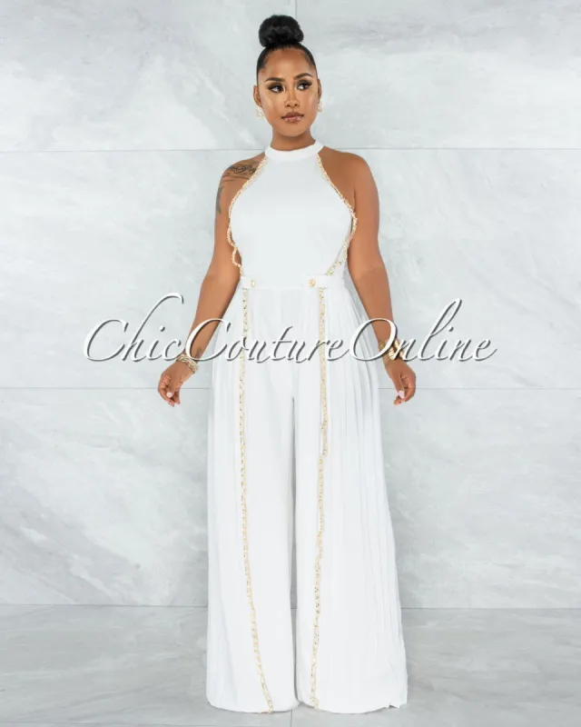 Garan Off-White Gold Link Accent Pleated Legs Jumpsuit sold by Chic Couture
