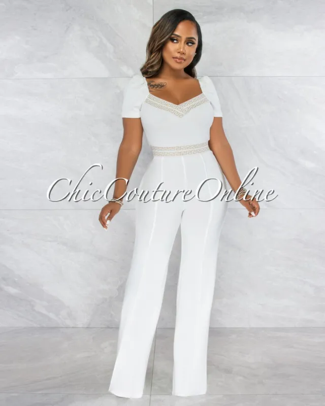 Andres Off-White Nude Fret Print Bubble Sleeves Jumpsuit sold by Chic Couture