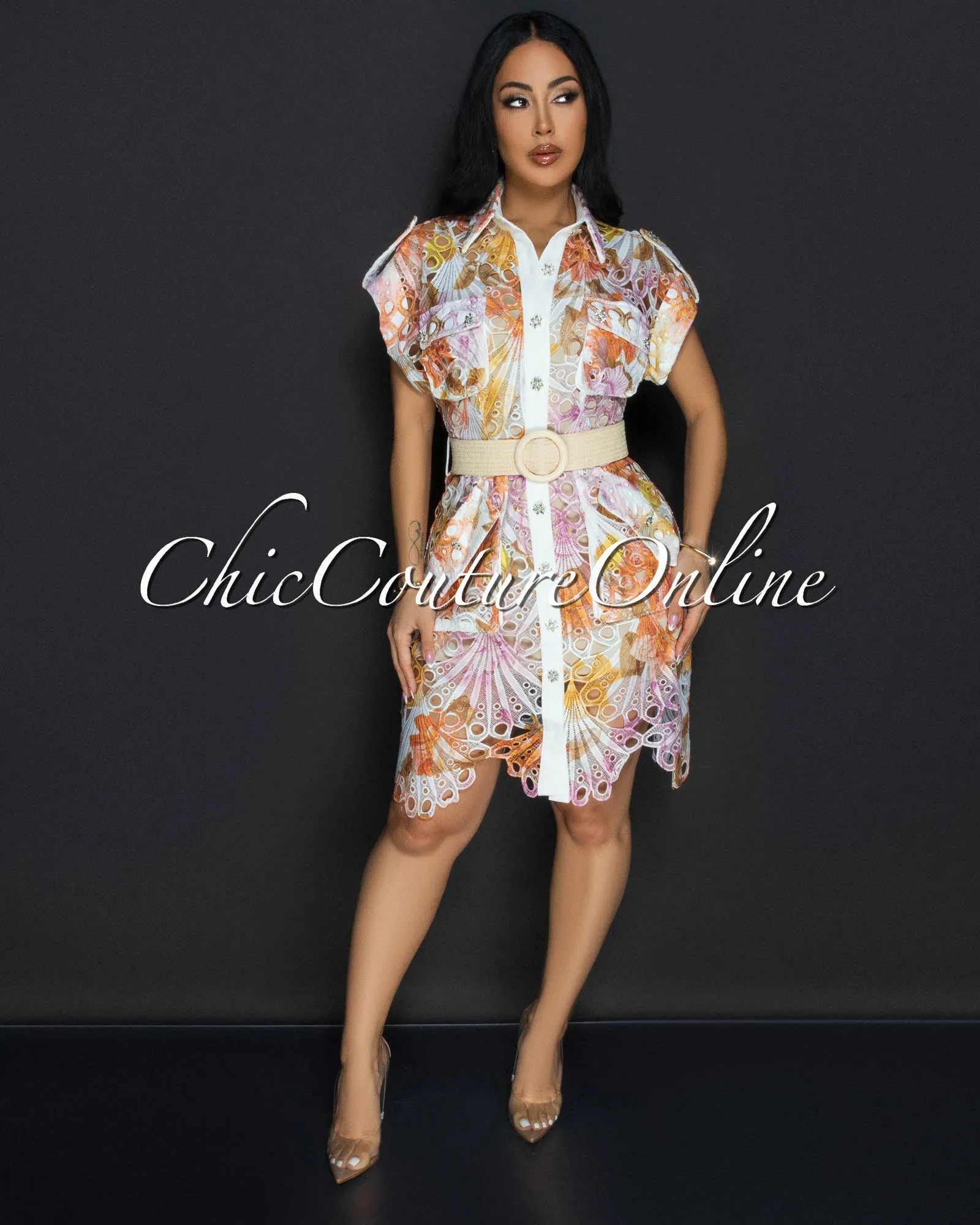 Luminous Multi-Color Print Crochet Belted Dress sold by Chic Couture