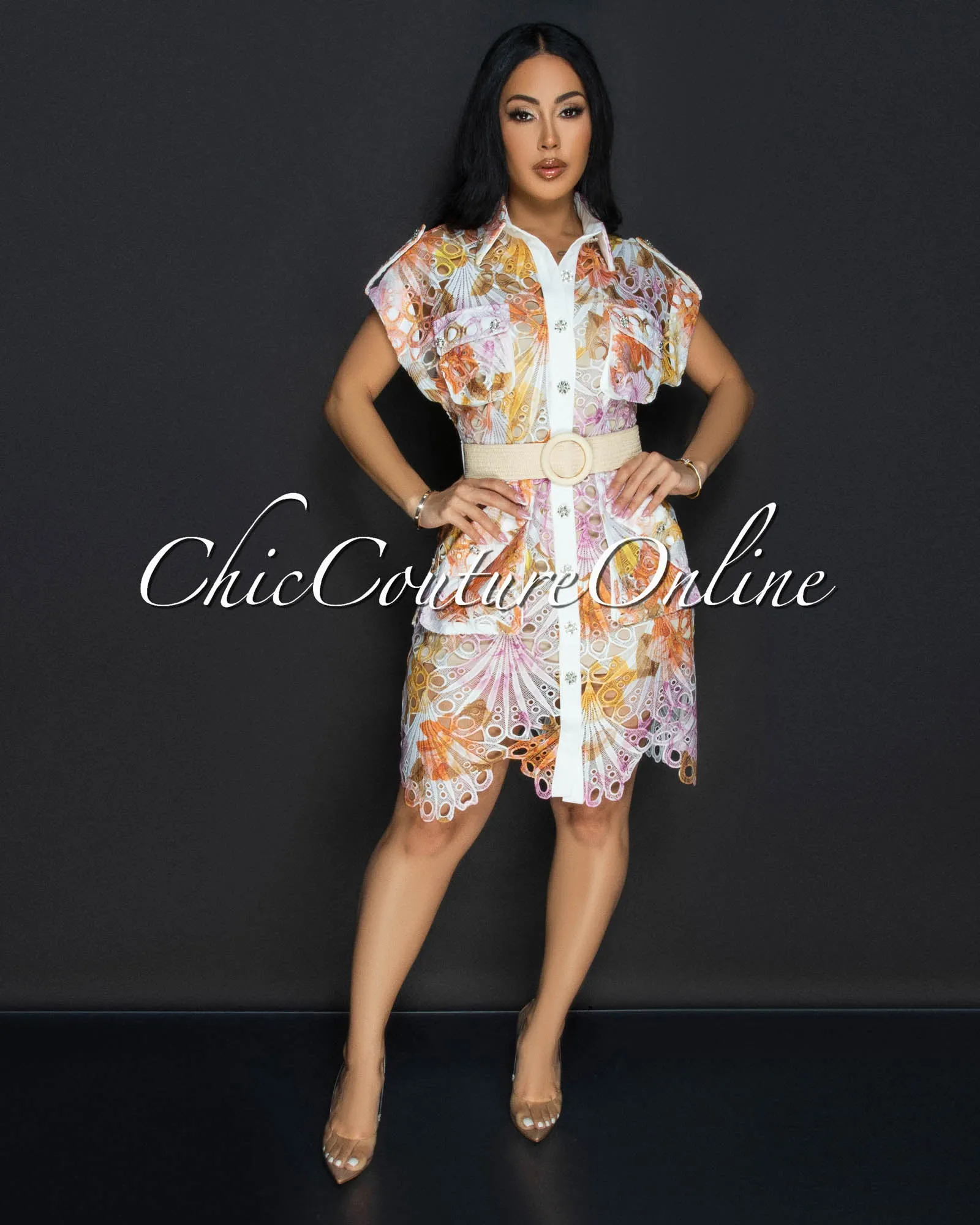 Luminous Multi-Color Print Crochet Belted Dress sold by Chic Couture product image thumbnail 3