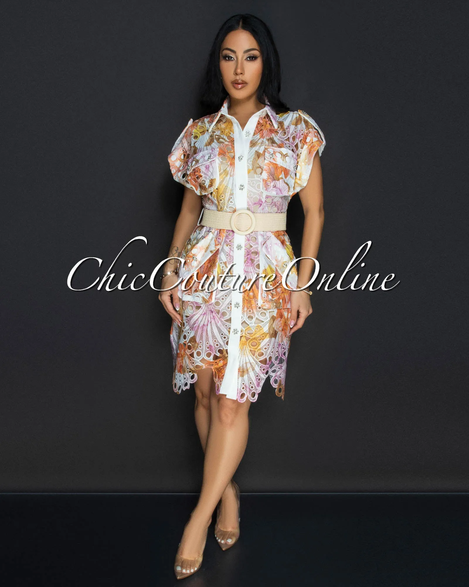 Luminous Multi-Color Print Crochet Belted Dress sold by Chic Couture product image thumbnail 2