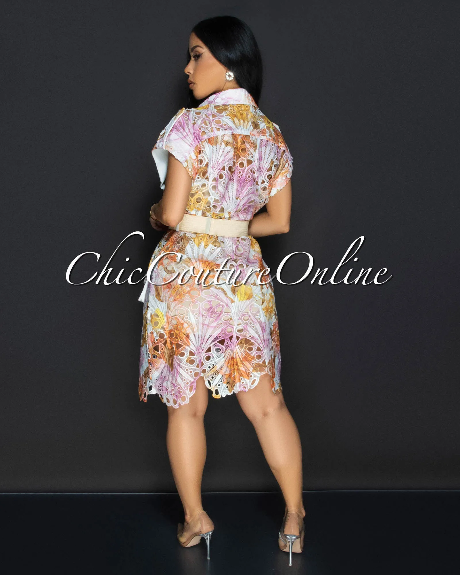 Luminous Multi-Color Print Crochet Belted Dress sold by Chic Couture product image thumbnail 4