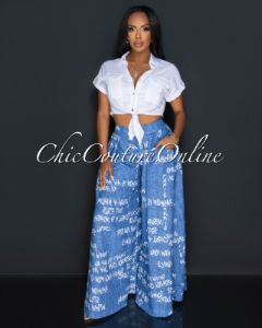 Zera Blue White Print Palazzo Pants sold by Chic Couture