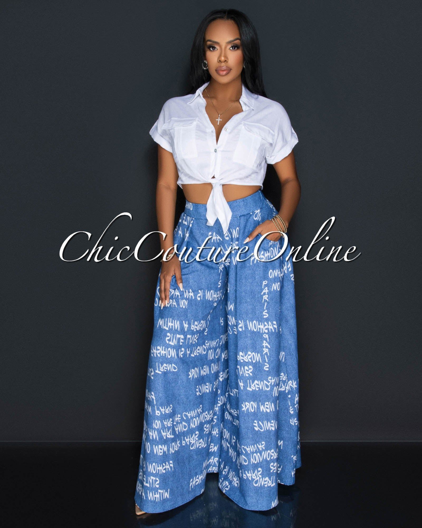 Zera Blue White Print Palazzo Pants sold by Chic Couture product image thumbnail 2