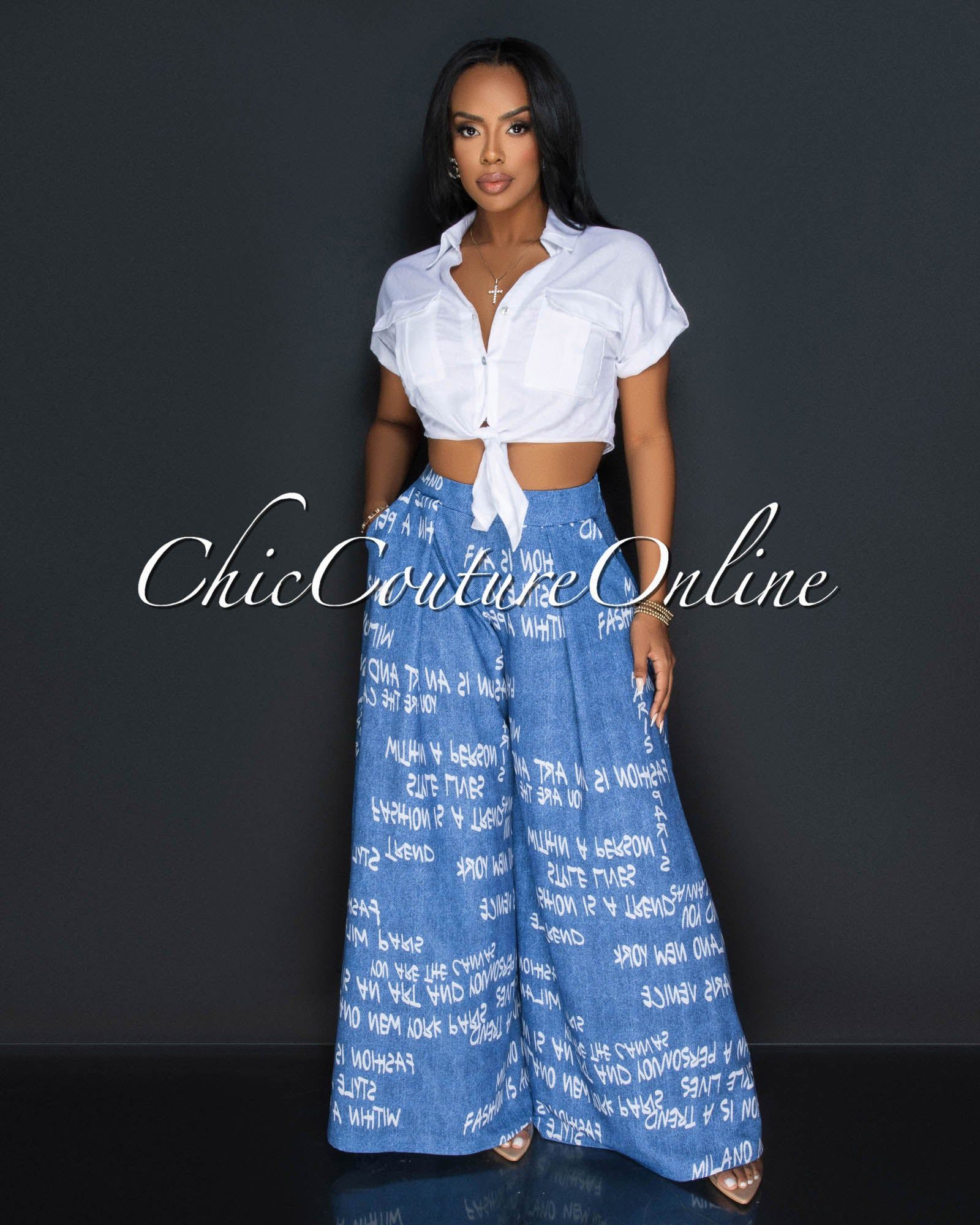 Zera Blue White Print Palazzo Pants sold by Chic Couture