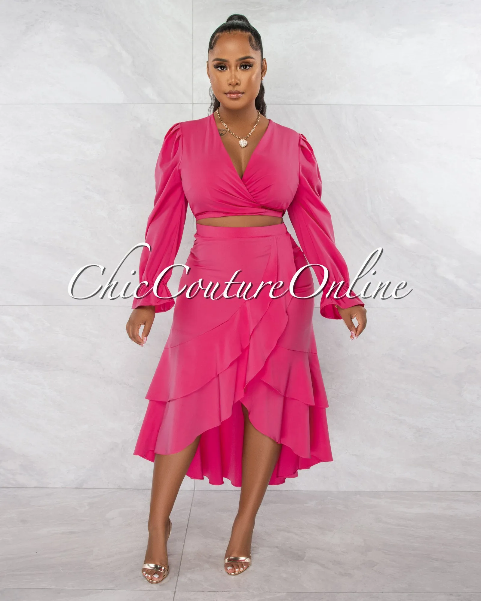 *Miranda Fuchsia Front Tie Top & Ruffle Skirt Set sold by Chic Couture