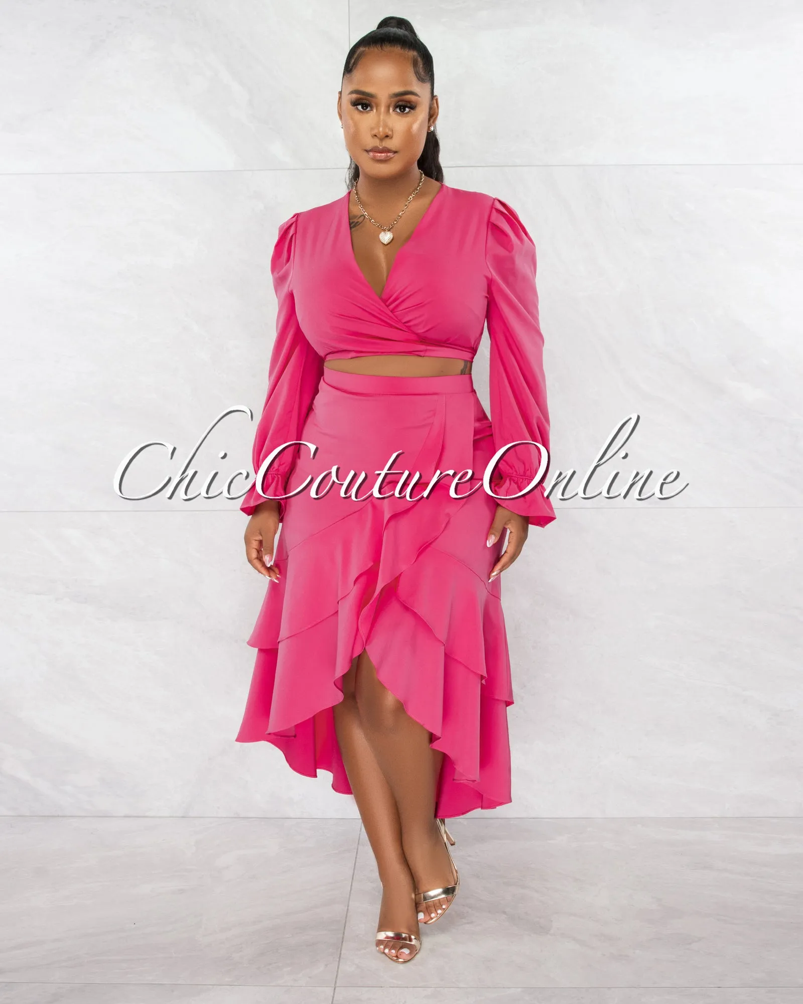 *Miranda Fuchsia Front Tie Top & Ruffle Skirt Set sold by Chic Couture product image thumbnail 2