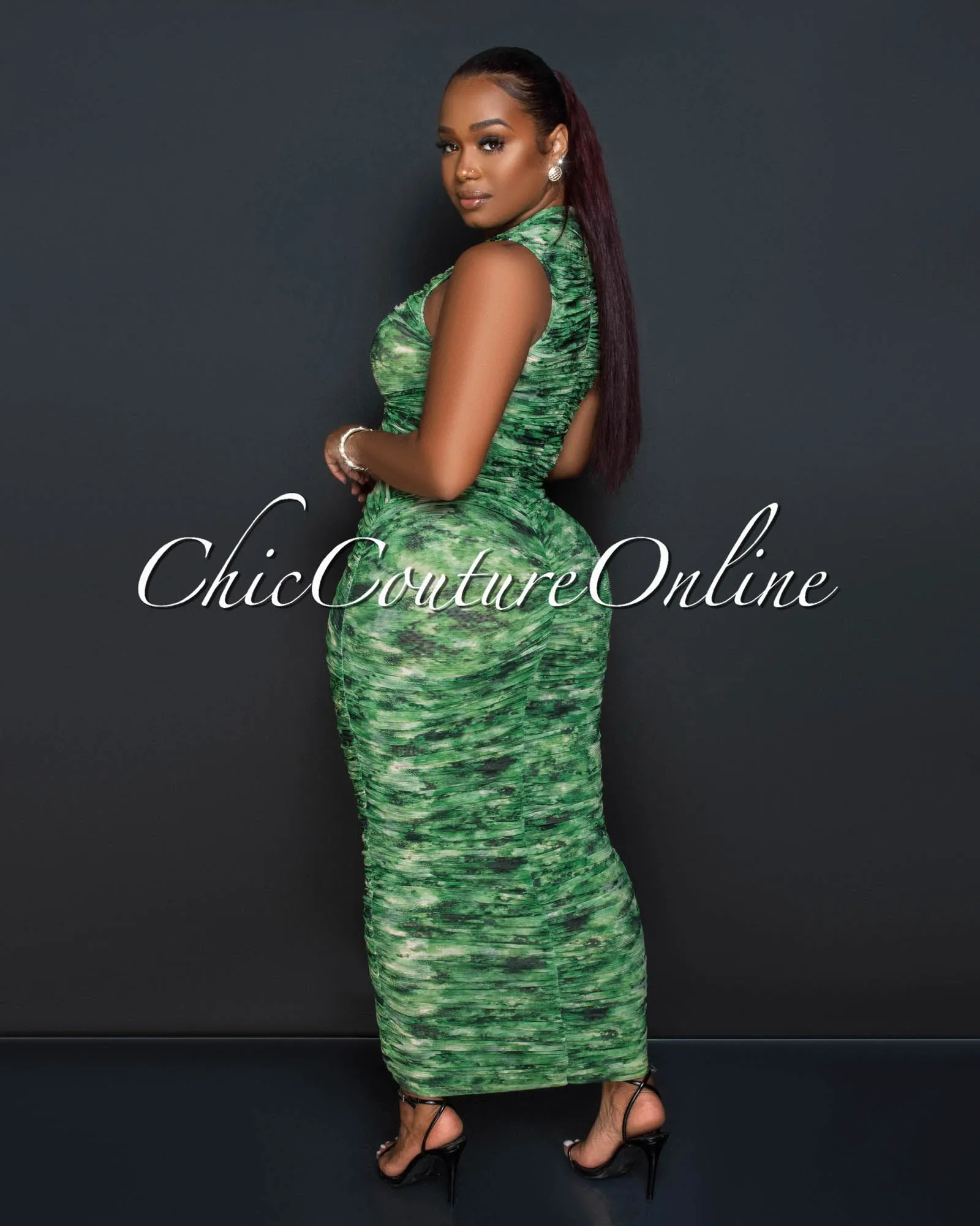 *Bailey Green Nude Crop Top & Ruched Mesh Maxi Skirt Set sold by Chic Couture product image thumbnail 3