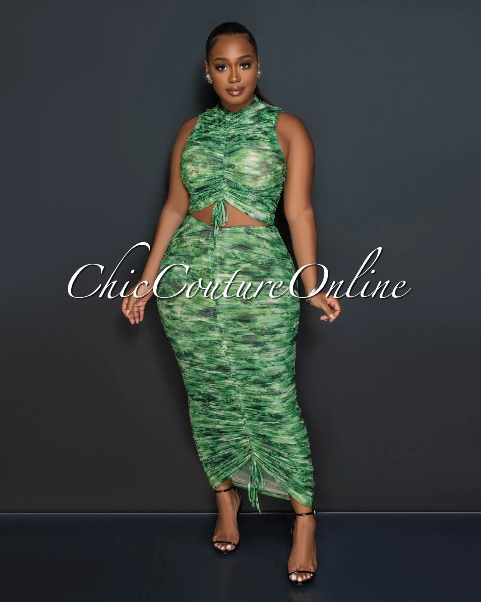 *Bailey Green Nude Crop Top & Ruched Mesh Maxi Skirt Set sold by Chic Couture product image thumbnail 2