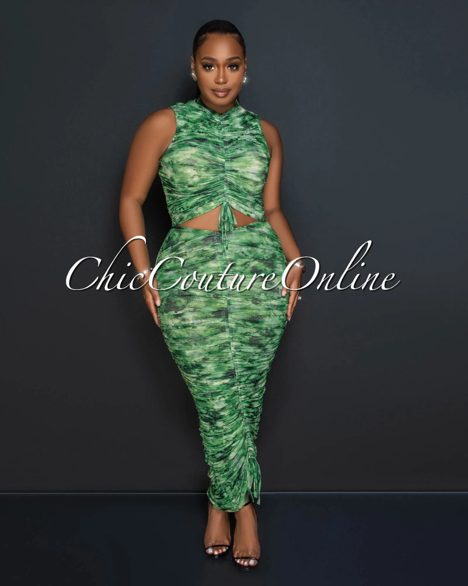*Bailey Green Nude Crop Top & Ruched Mesh Maxi Skirt Set sold by Chic Couture