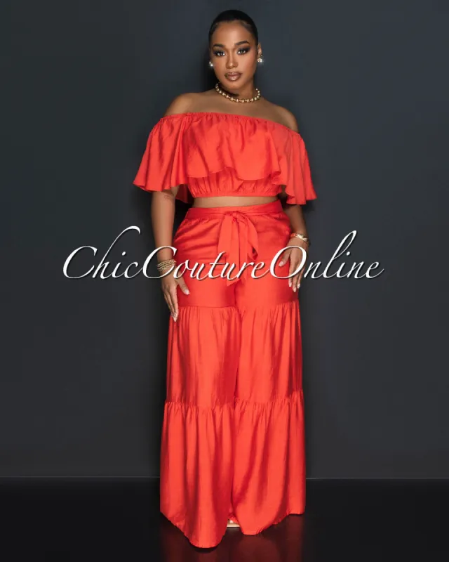 *Gonzalo Orange Ruffle Crop Top & Wide Pants Set sold by Chic Couture