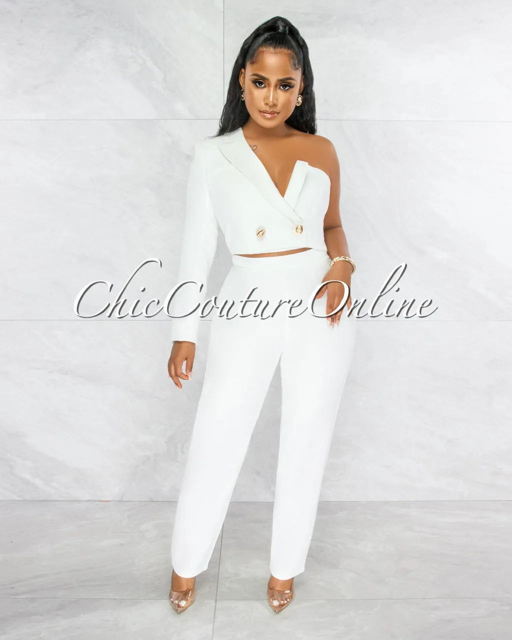 *Oksana Off-White Single Shoulder Crop Blazer & Wide Pants Set sold by Chic Couture product image thumbnail 3