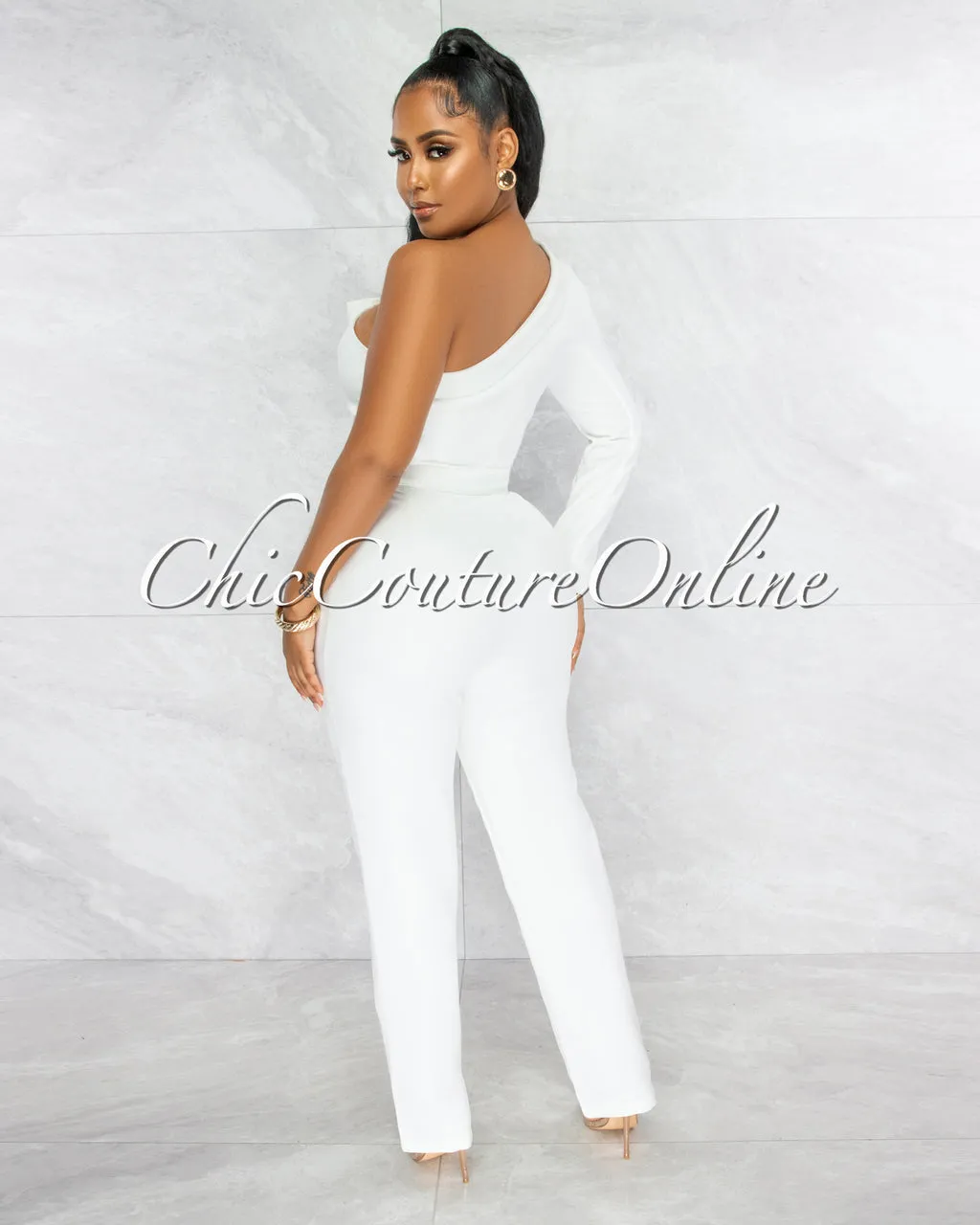 *Oksana Off-White Single Shoulder Crop Blazer & Wide Pants Set sold by Chic Couture product image thumbnail 4
