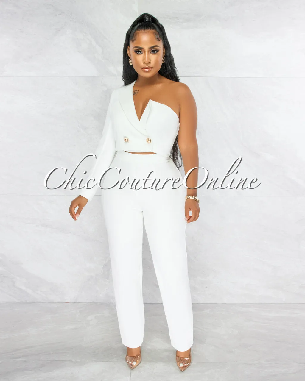 *Oksana Off-White Single Shoulder Crop Blazer & Wide Pants Set sold by Chic Couture