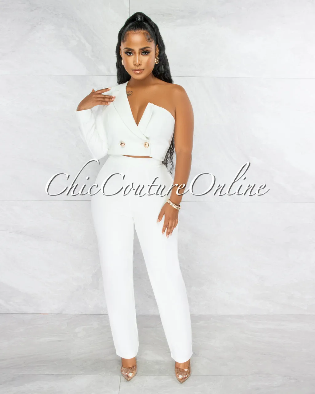 *Oksana Off-White Single Shoulder Crop Blazer & Wide Pants Set sold by Chic Couture product image thumbnail 2