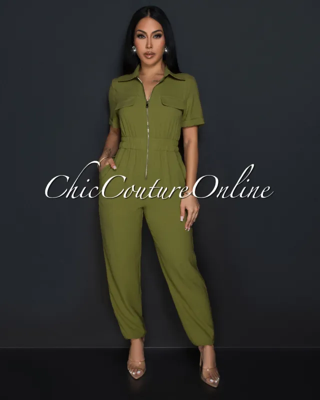 *Sumi Olive Green Utility Cargo Jumpsuit sold by Chic Couture