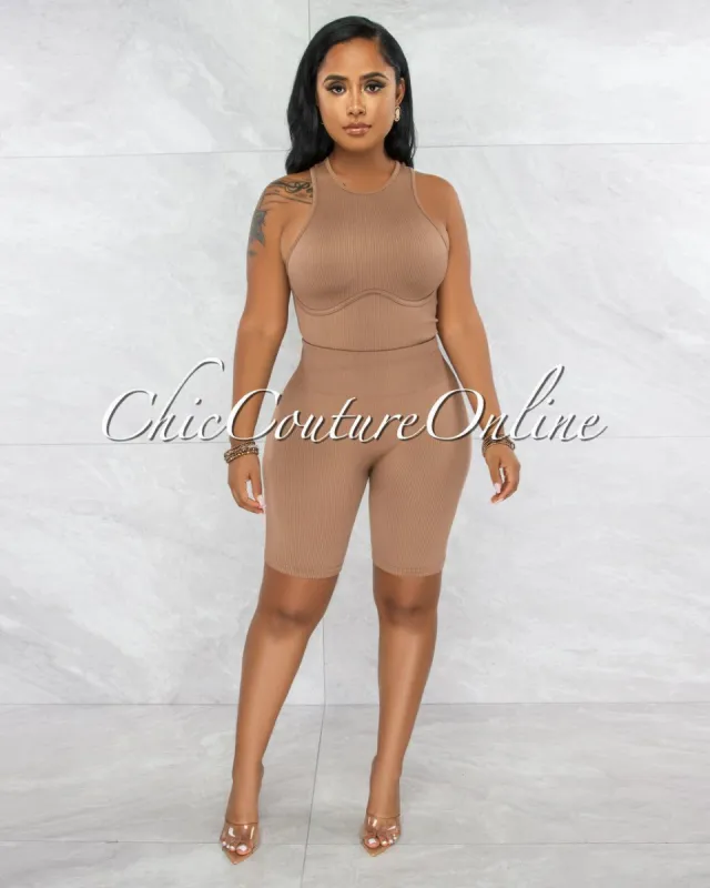 *Hugin Mocha Ribbed Trim Biker Shorts Set sold by Chic Couture