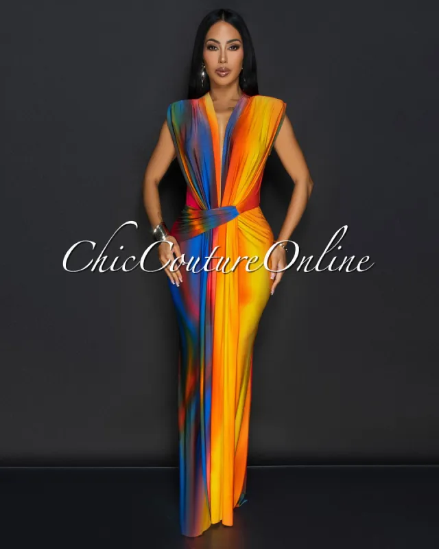 Alea Earthtone Sleeveless Deep V Neck Maxi Dress sold by Chic Couture