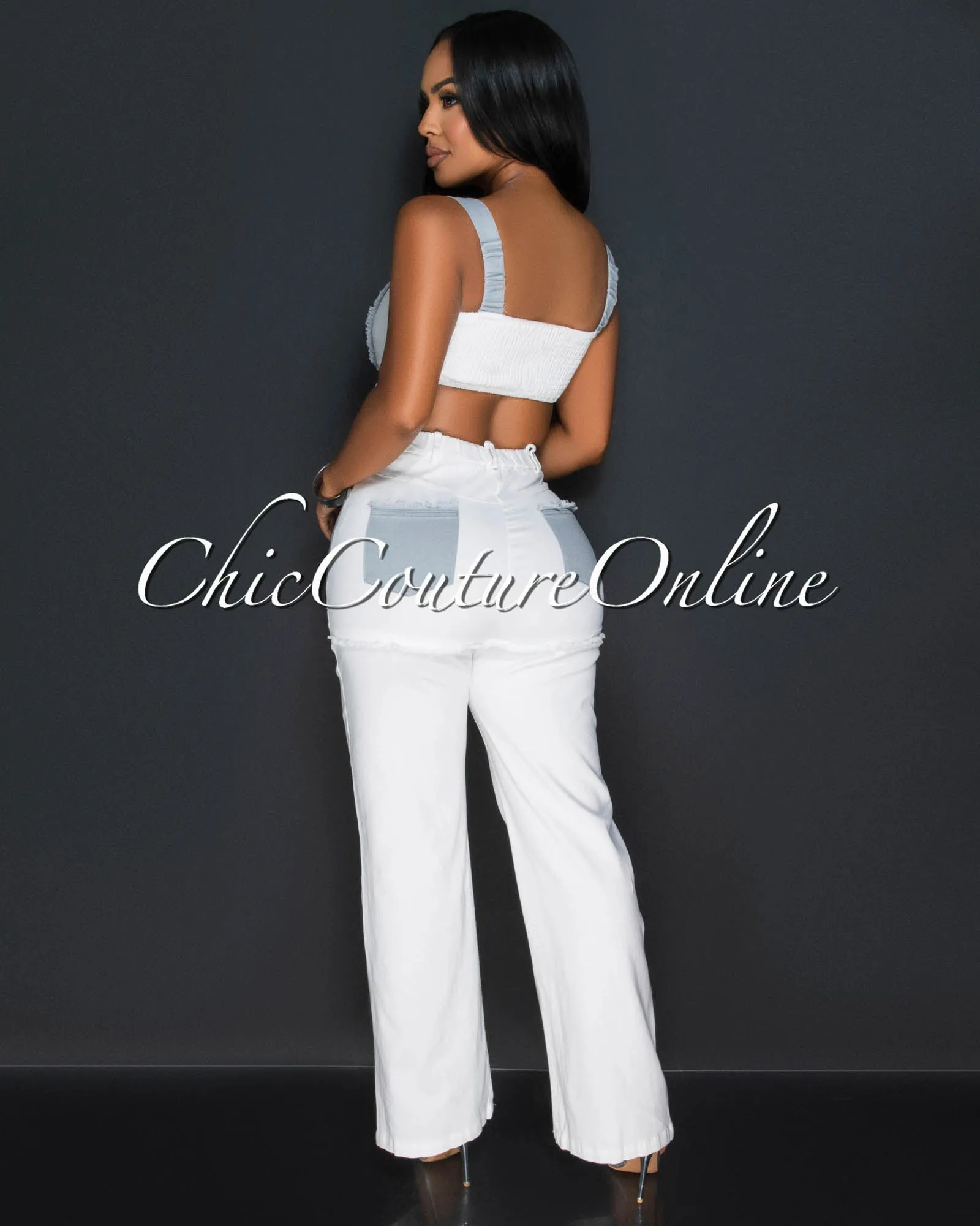 *Texas Grey White Lace-Up Top & Wide Jeans Set sold by Chic Couture product image thumbnail 4