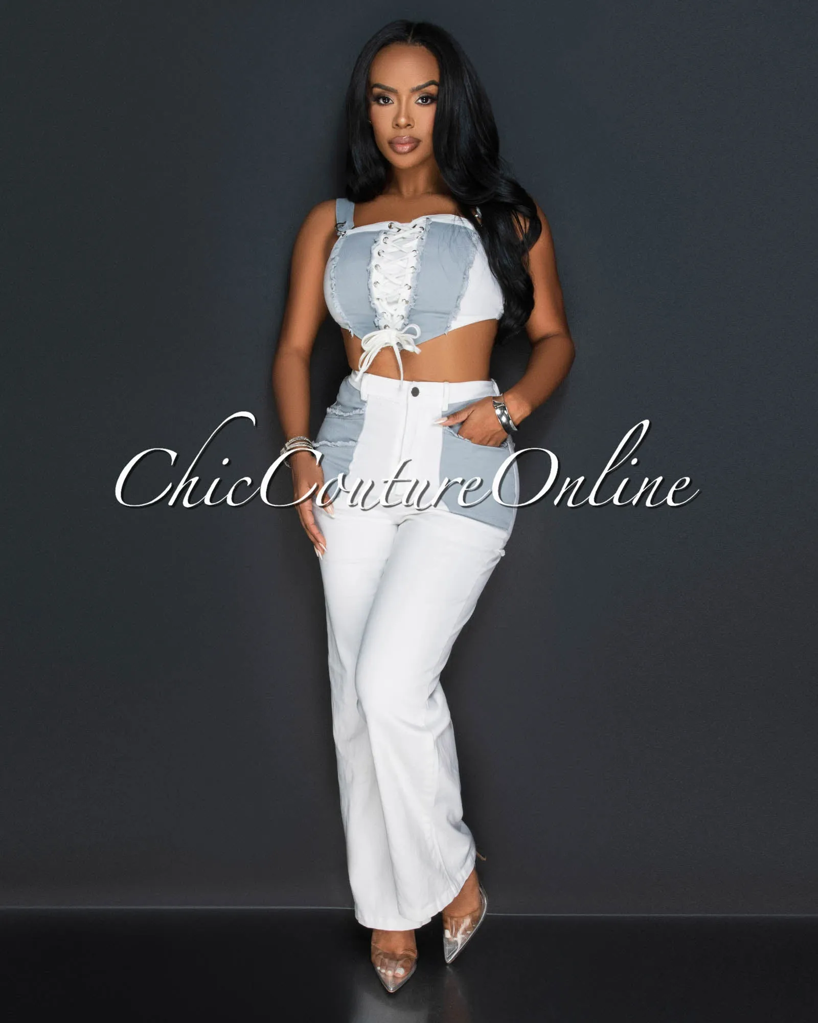 *Texas Grey White Lace-Up Top & Wide Jeans Set sold by Chic Couture product image thumbnail 3