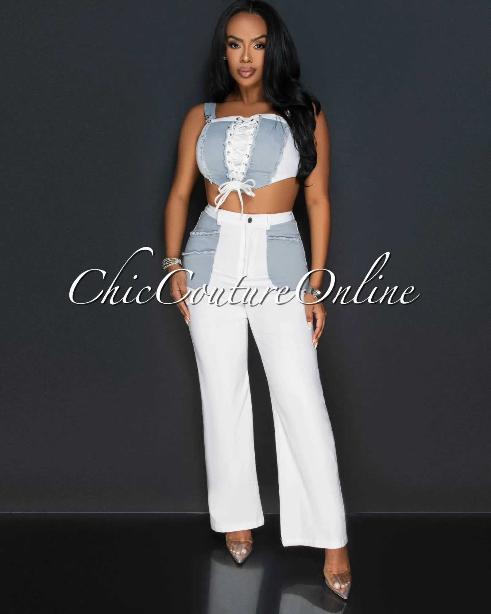 *Texas Grey White Lace-Up Top & Wide Jeans Set sold by Chic Couture
