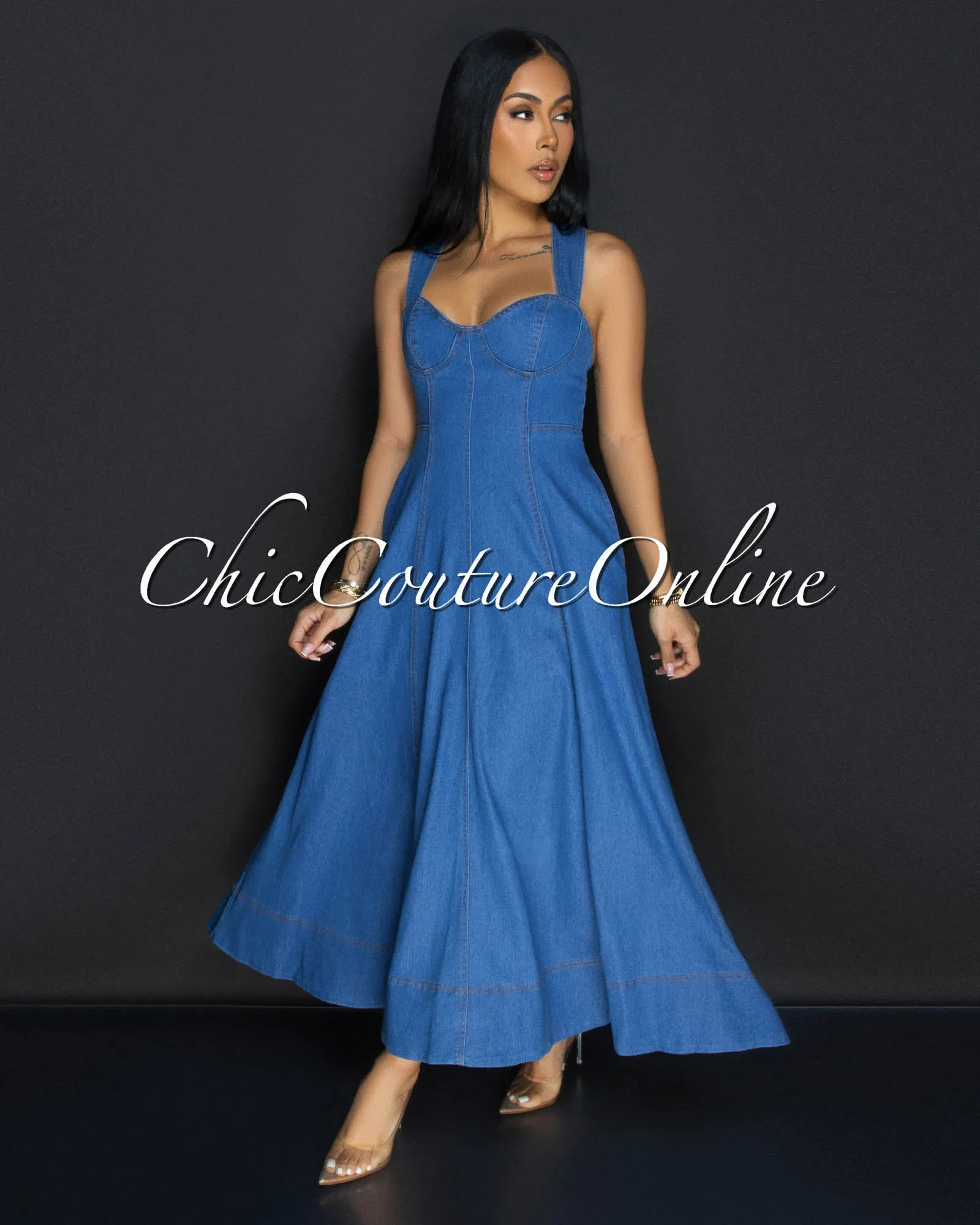 Noeline Dark Denim Flared Maxi Dress sold by Chic Couture