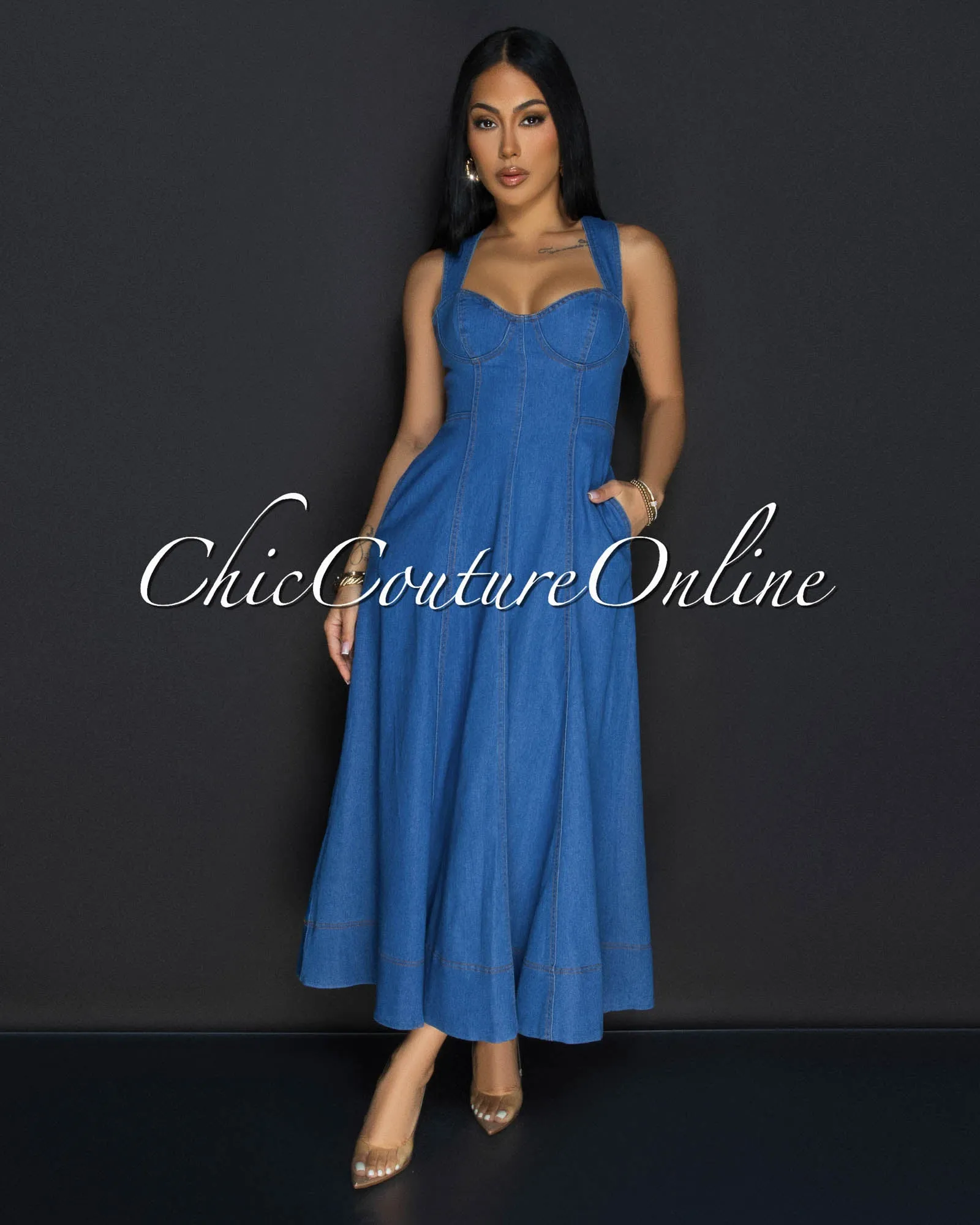 Noeline Dark Denim Flared Maxi Dress sold by Chic Couture product image thumbnail 2