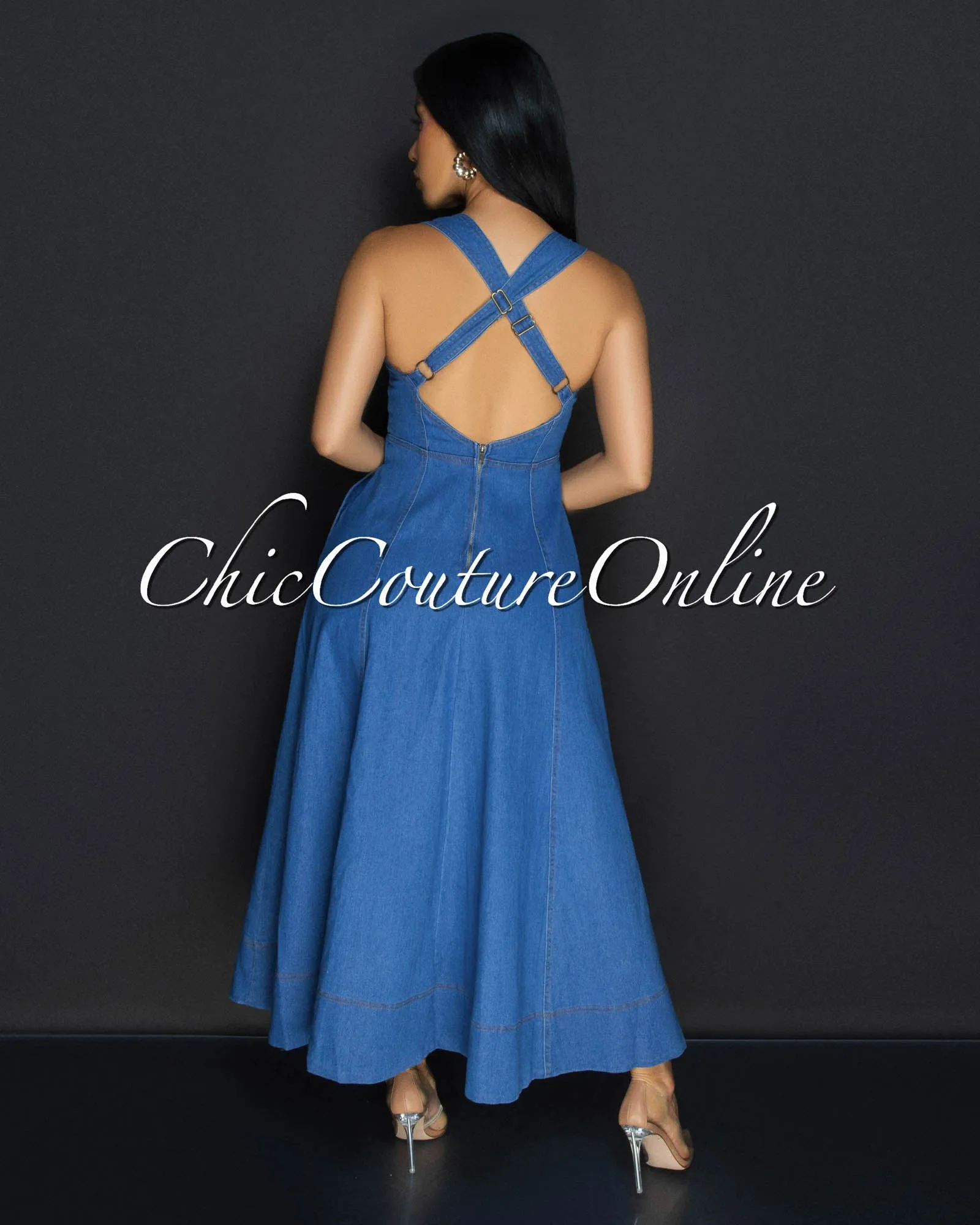 Noeline Dark Denim Flared Maxi Dress sold by Chic Couture product image thumbnail 4
