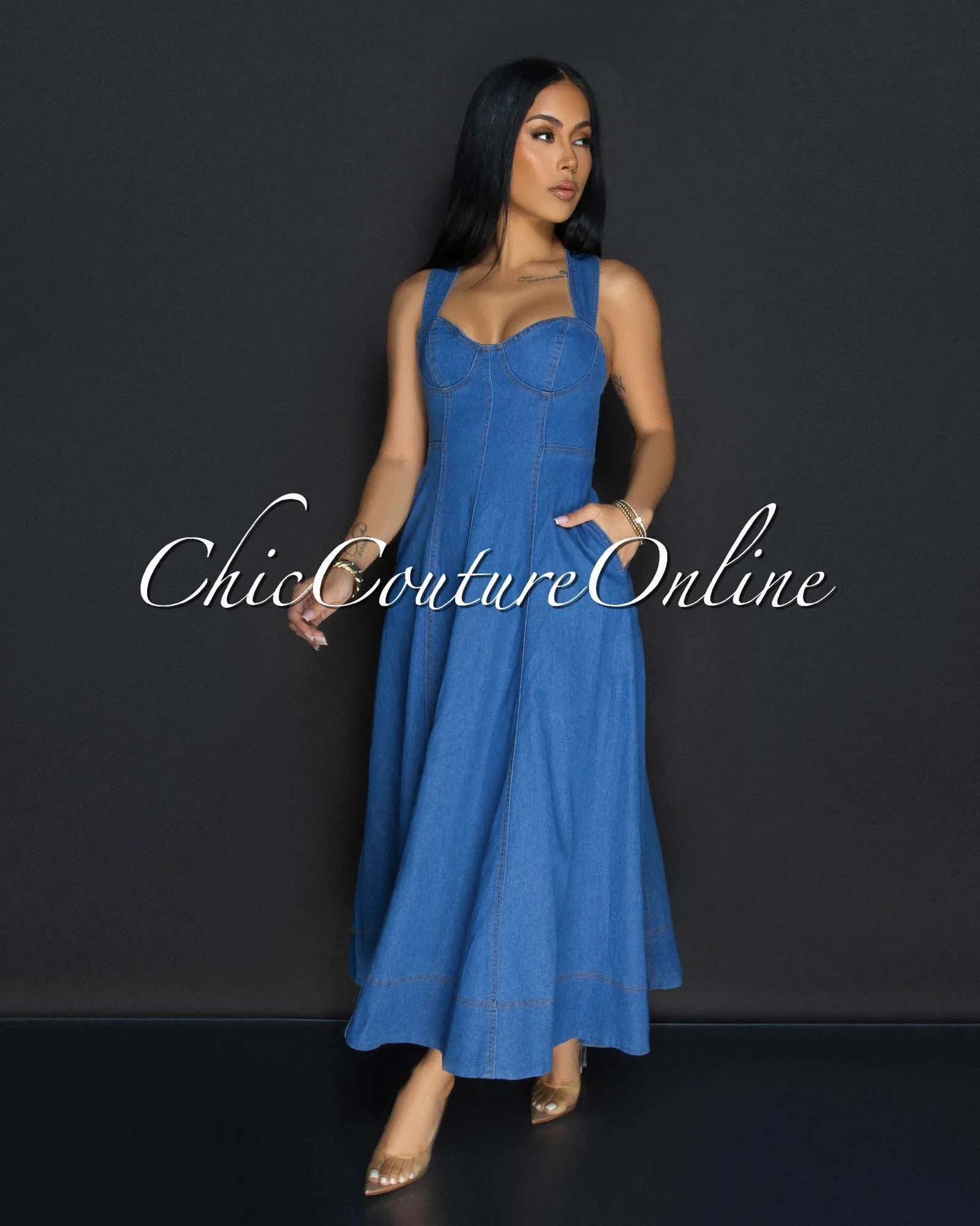 Noeline Dark Denim Flared Maxi Dress sold by Chic Couture product image thumbnail 3