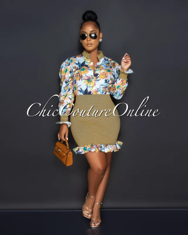 *Harper White Mustard Floral Print Ruffle Dress sold by Chic Couture