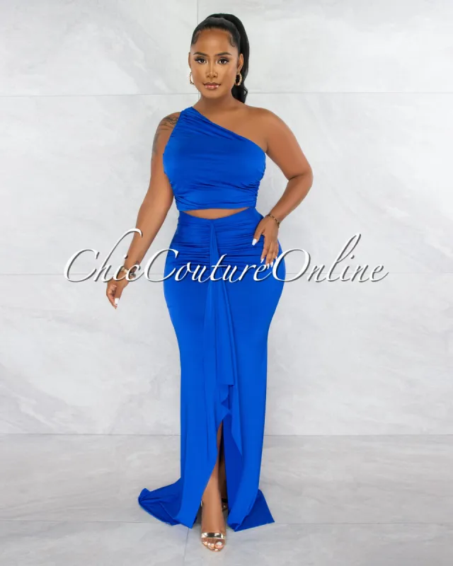 *Jeremiah Royal Blue Draped Crop Top & Maxi Skirt Set sold by Chic Couture