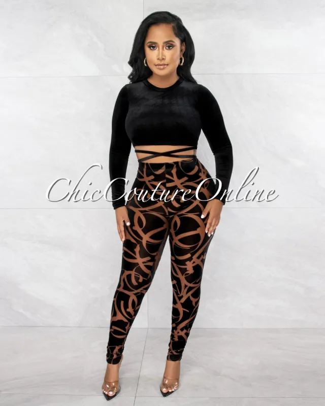 *Rafael Black Velvet Crop Top & Brown Black Print Leggings Set sold by Chic Couture