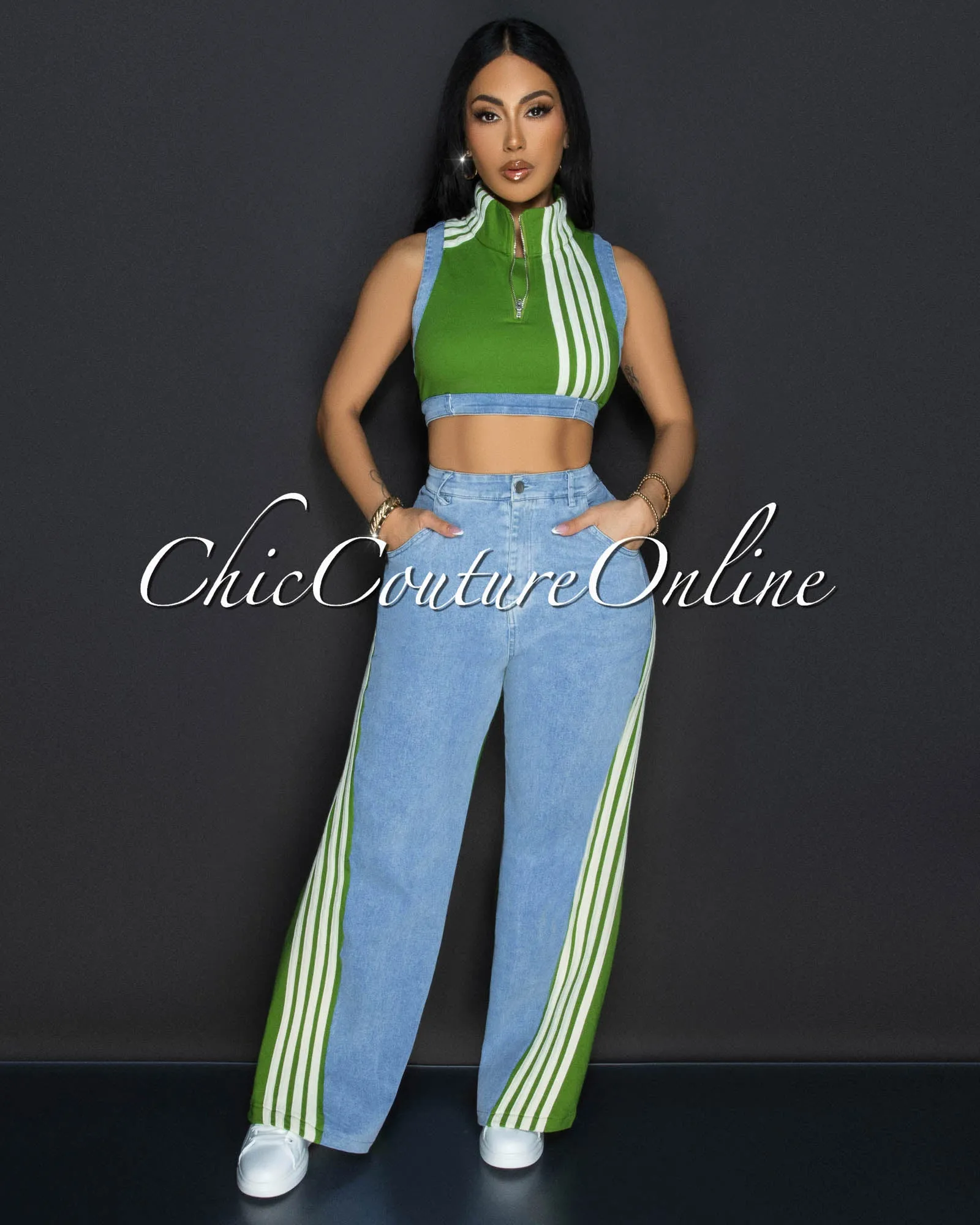 Hibo Green Denim Crop Top & Pants Sporty Set sold by Chic Couture product image thumbnail 2