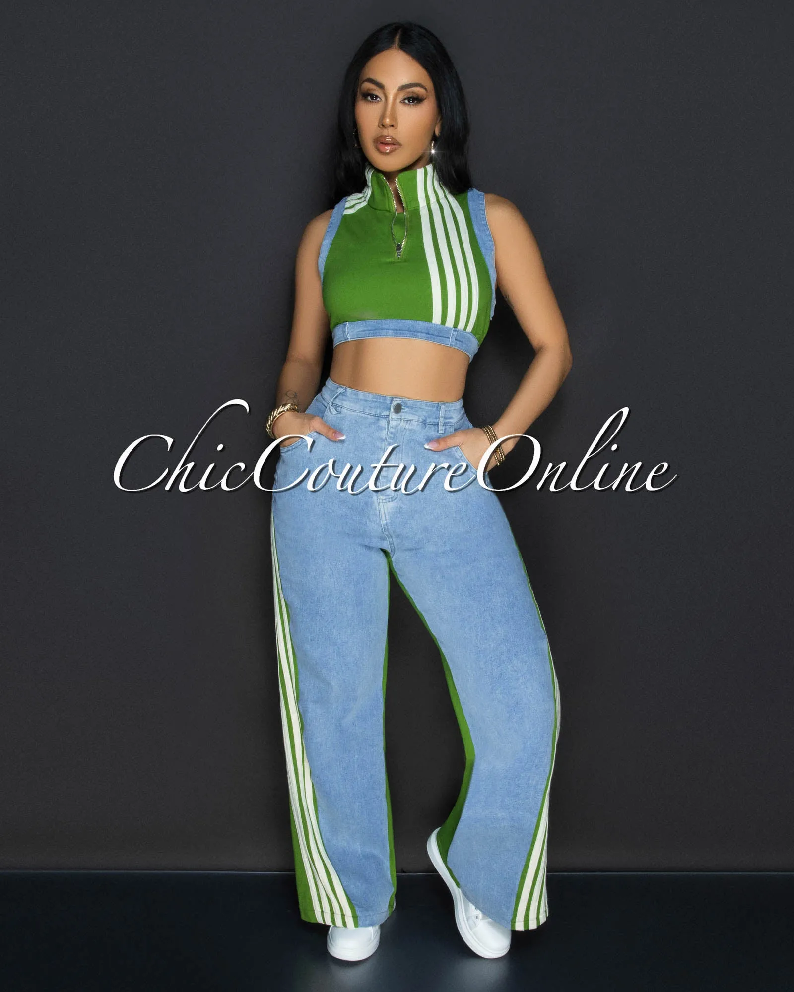 Hibo Green Denim Crop Top & Pants Sporty Set sold by Chic Couture