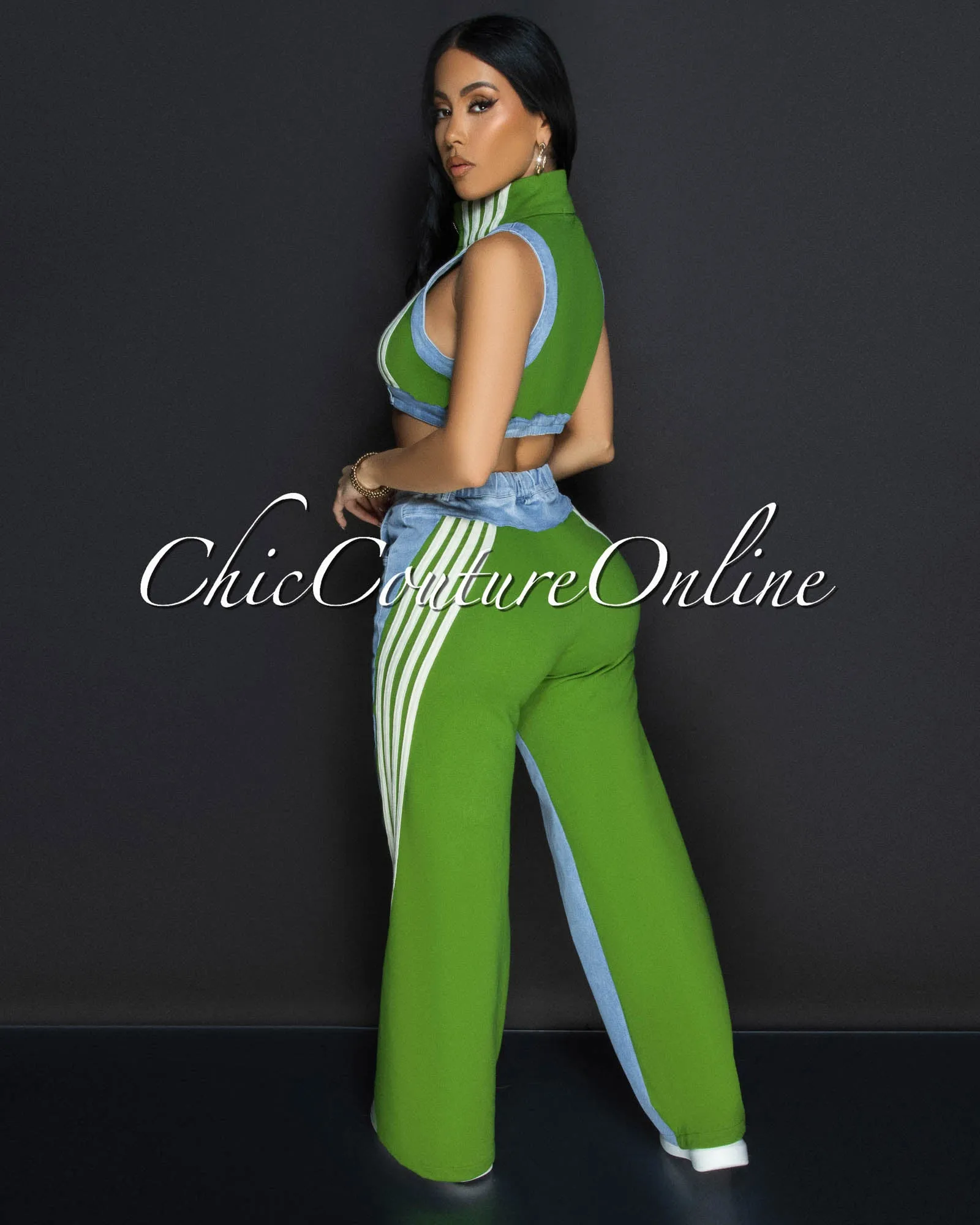 Hibo Green Denim Crop Top & Pants Sporty Set sold by Chic Couture product image thumbnail 4
