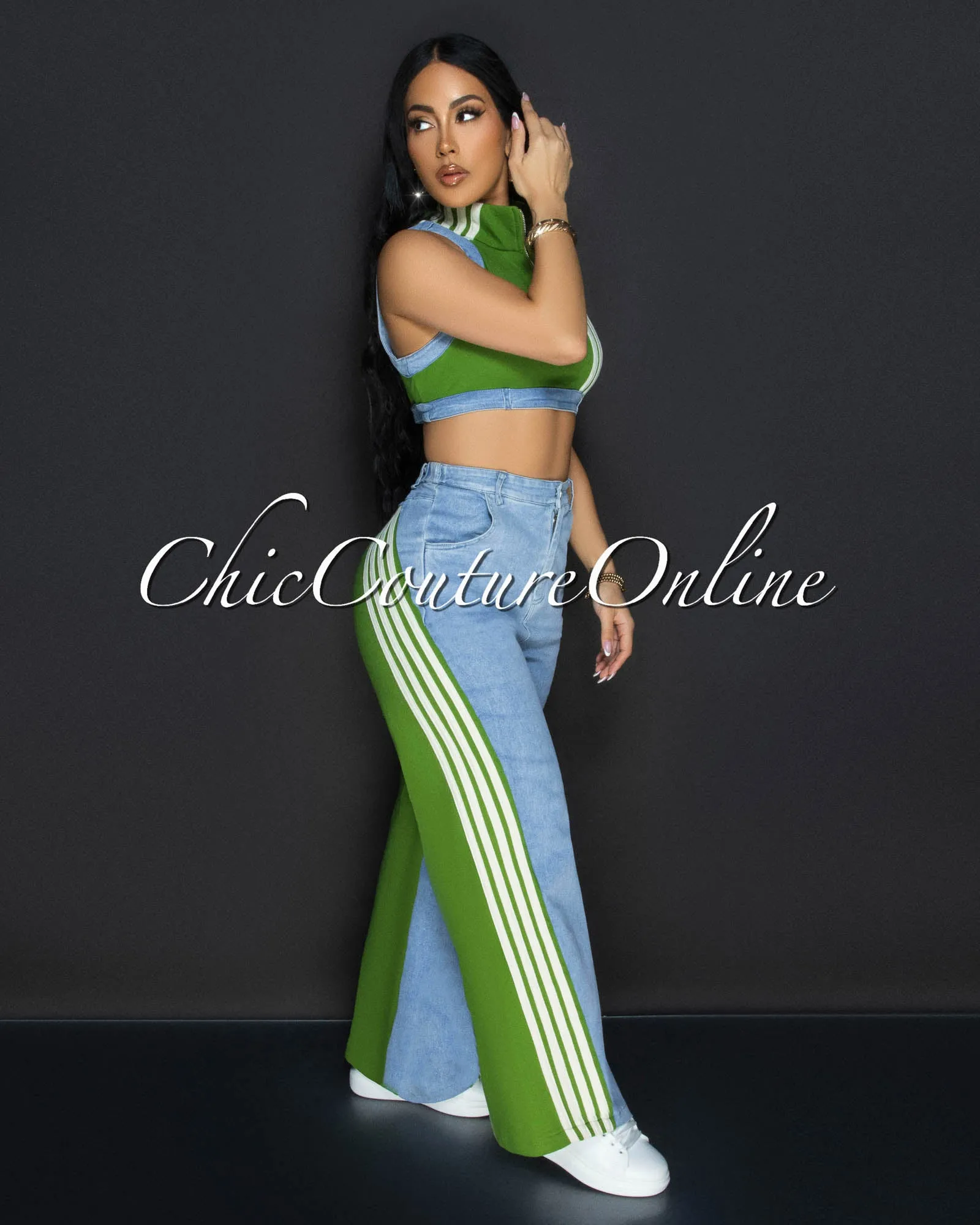 Hibo Green Denim Crop Top & Pants Sporty Set sold by Chic Couture product image thumbnail 3