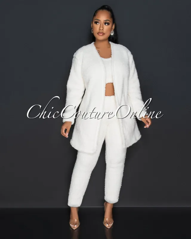 Evenson Off-White Faux Fur Crop Top - Pants & Duster Set sold by Chic Couture