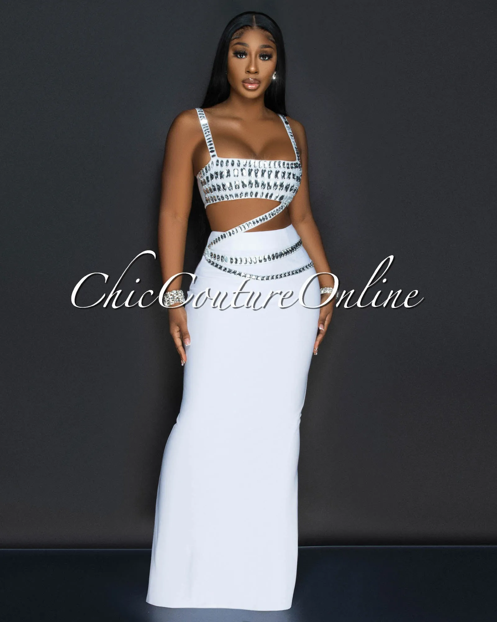 Dezire White Rhinestones Crop Top & Maxi Skirt Set sold by Chic Couture product image thumbnail 3