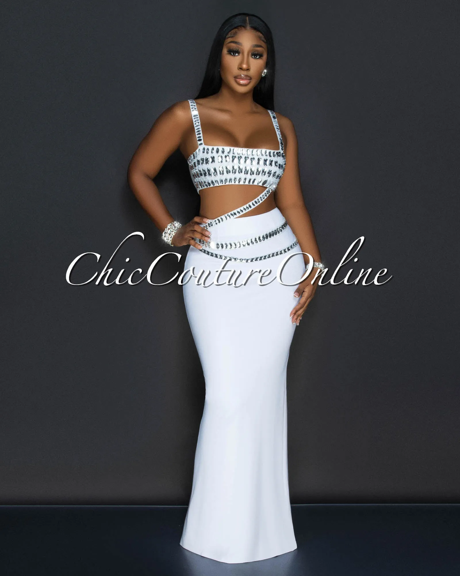 Dezire White Rhinestones Crop Top & Maxi Skirt Set sold by Chic Couture