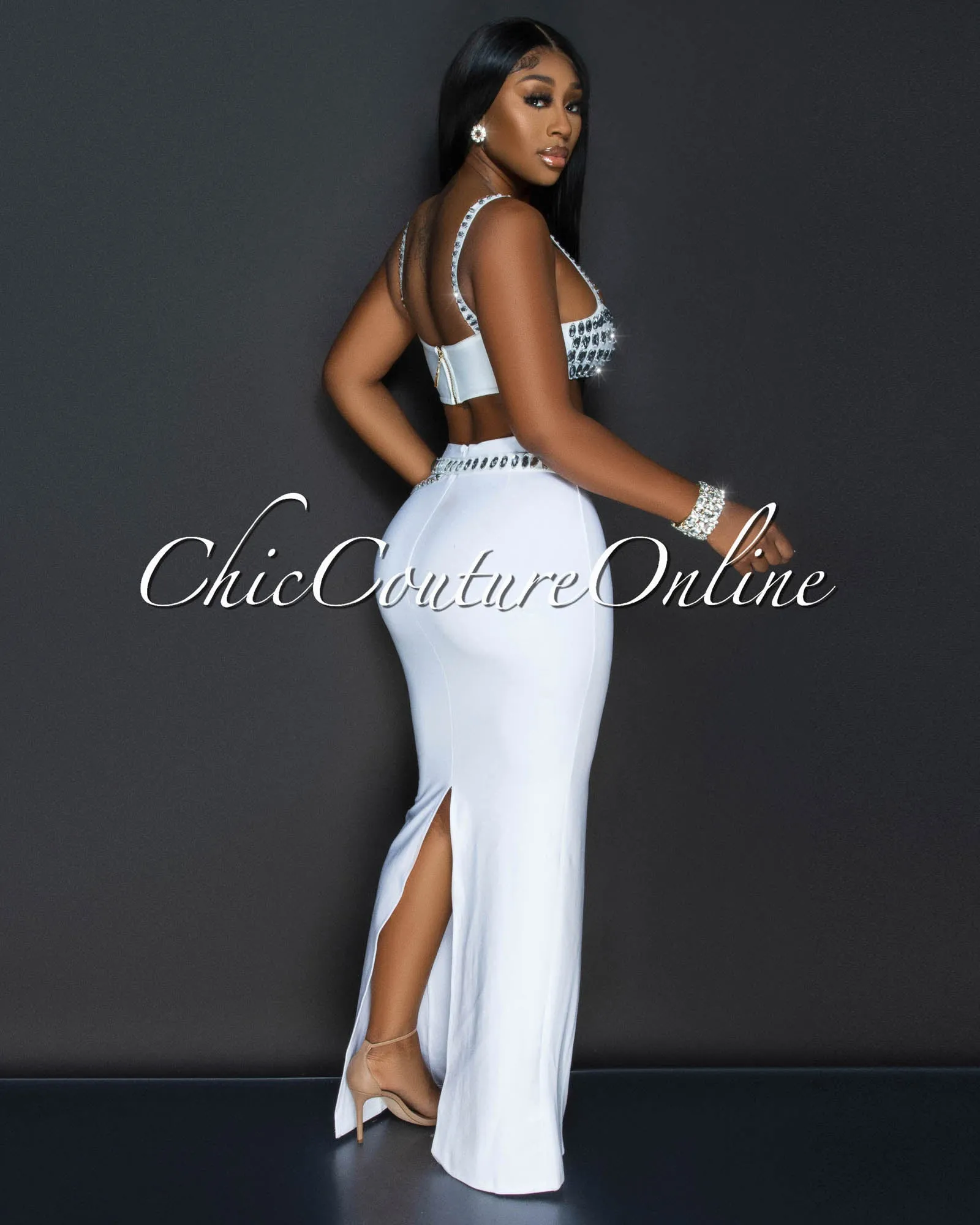 Dezire White Rhinestones Crop Top & Maxi Skirt Set sold by Chic Couture product image thumbnail 4