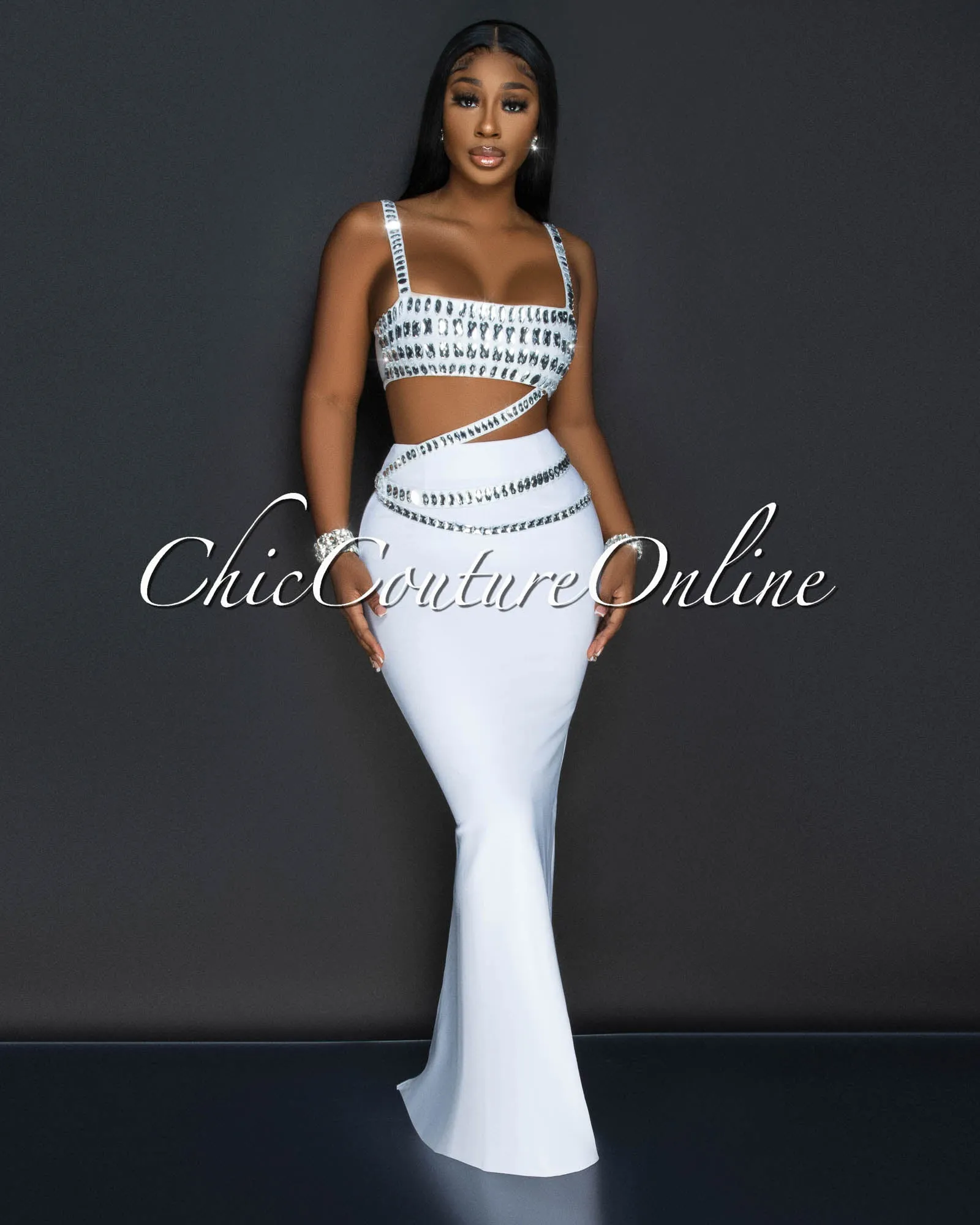 Dezire White Rhinestones Crop Top & Maxi Skirt Set sold by Chic Couture product image thumbnail 2