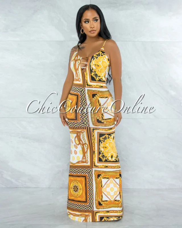 *Alamar Ivory Gold Multi-Color Print Maxi Dress sold by chic
