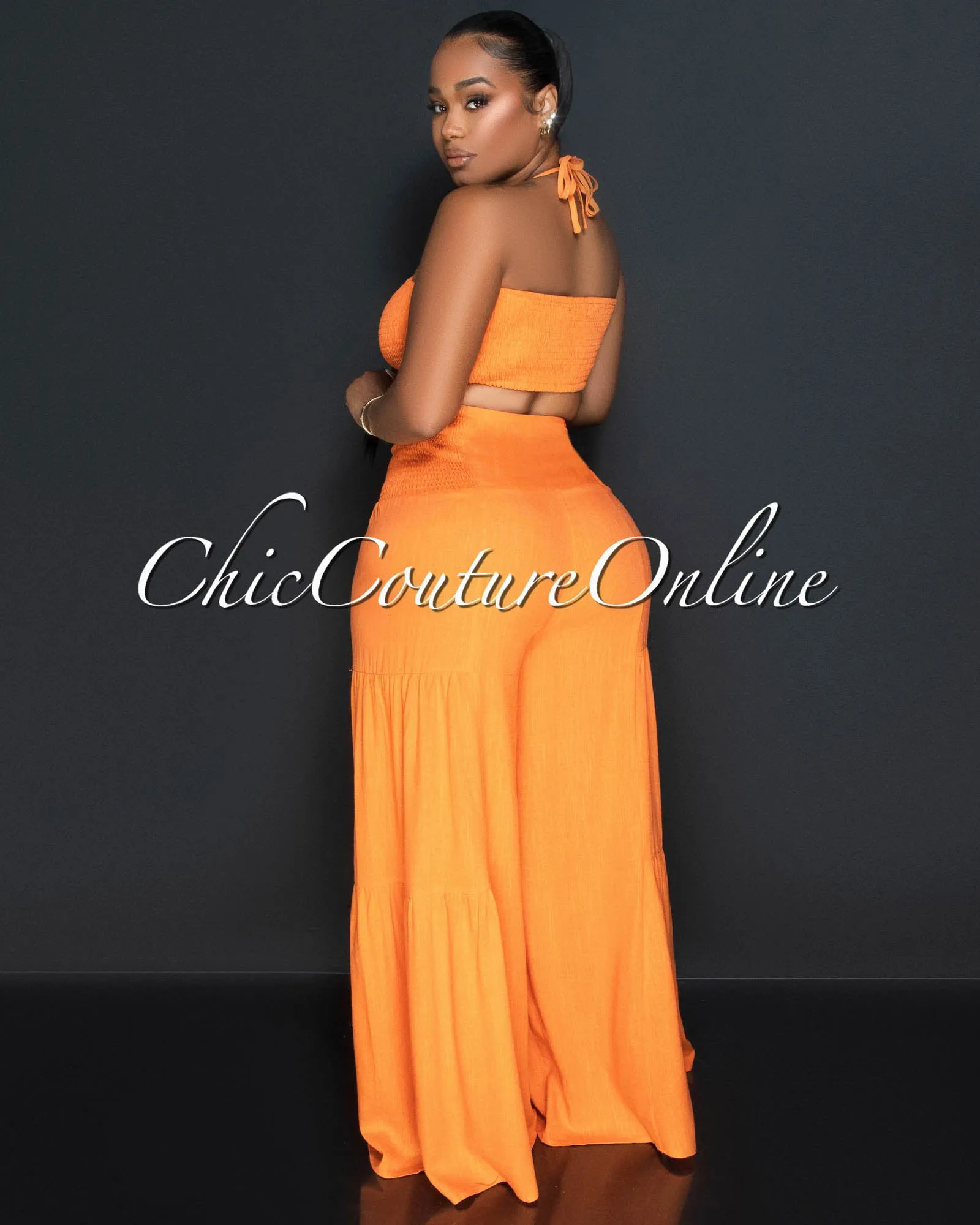 *Lula Orange Halter Smocked Crop Top & Linen Wide Pants Set sold by Chic Couture product image thumbnail 3