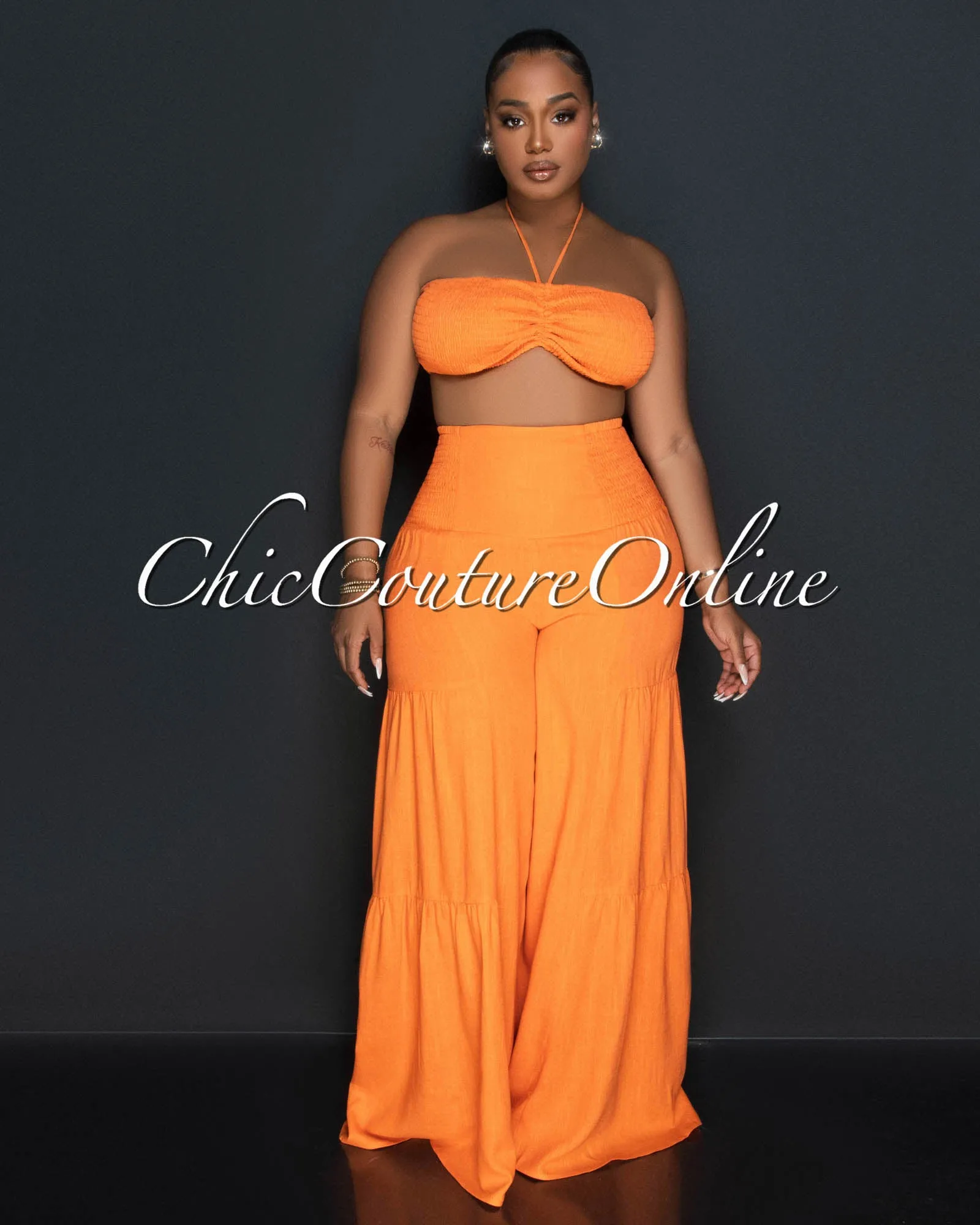 *Lula Orange Halter Smocked Crop Top & Linen Wide Pants Set sold by Chic Couture