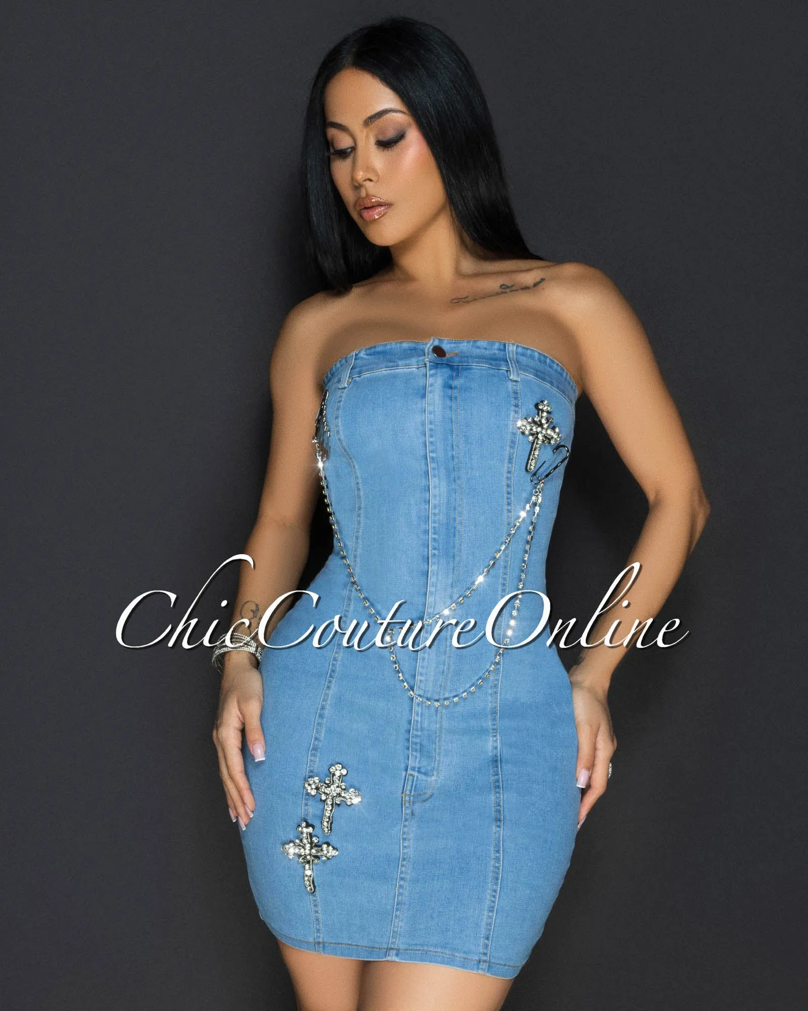 Corona Light Denim Rhinestones Designs Strapless Dress sold by Chic Couture product image thumbnail 3