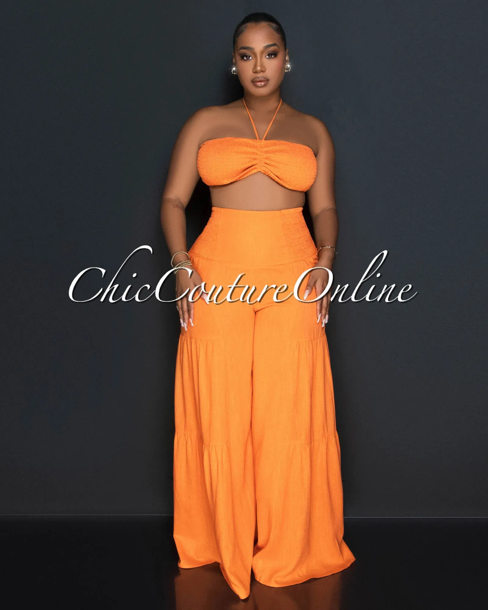*Lula Orange Halter Smocked Crop Top & Linen Wide Pants Set sold by Chic Couture product image thumbnail 2