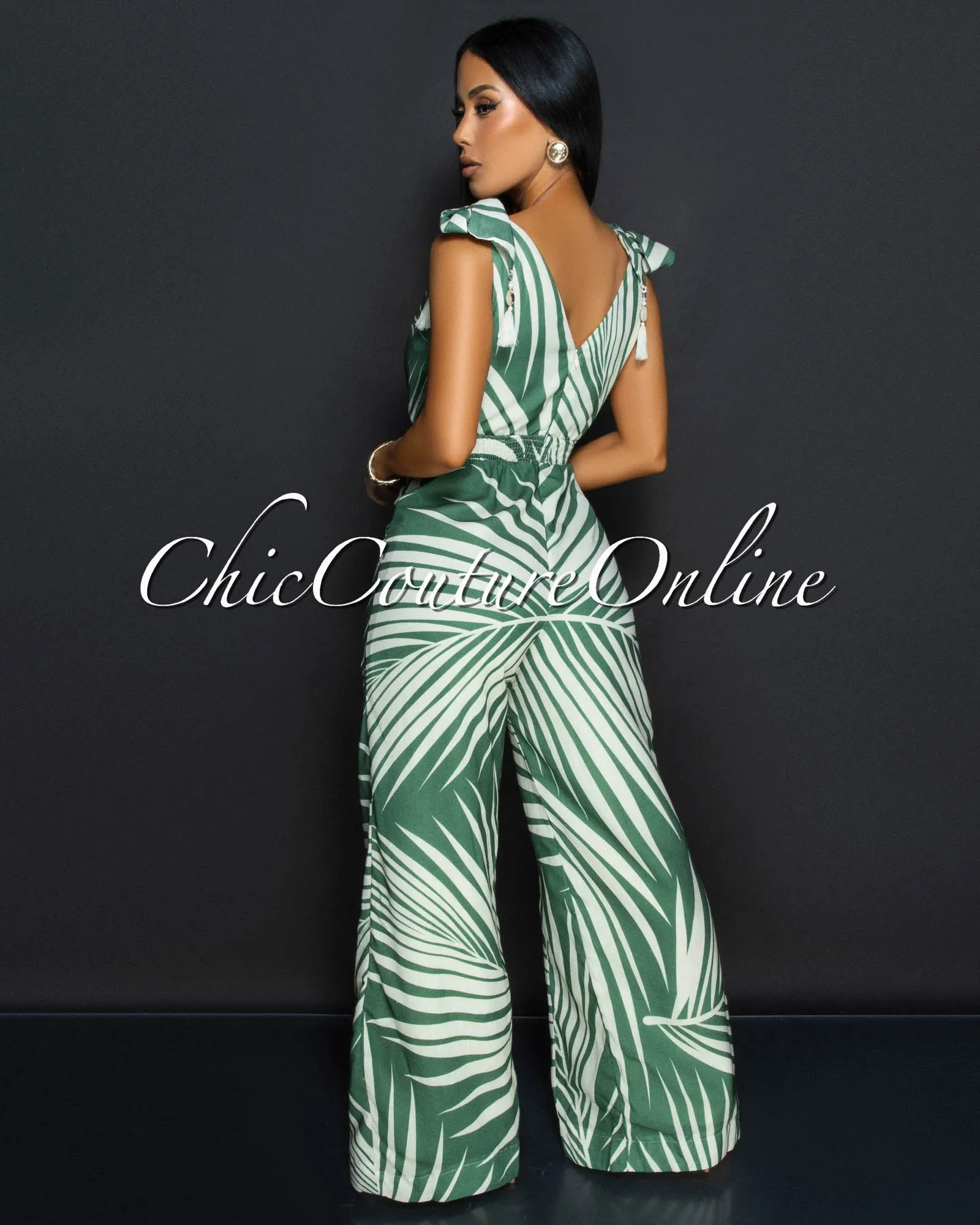 Sitti Green Beige V Neck Wide Legs Jumpsuit sold by Chic Couture product image thumbnail 4