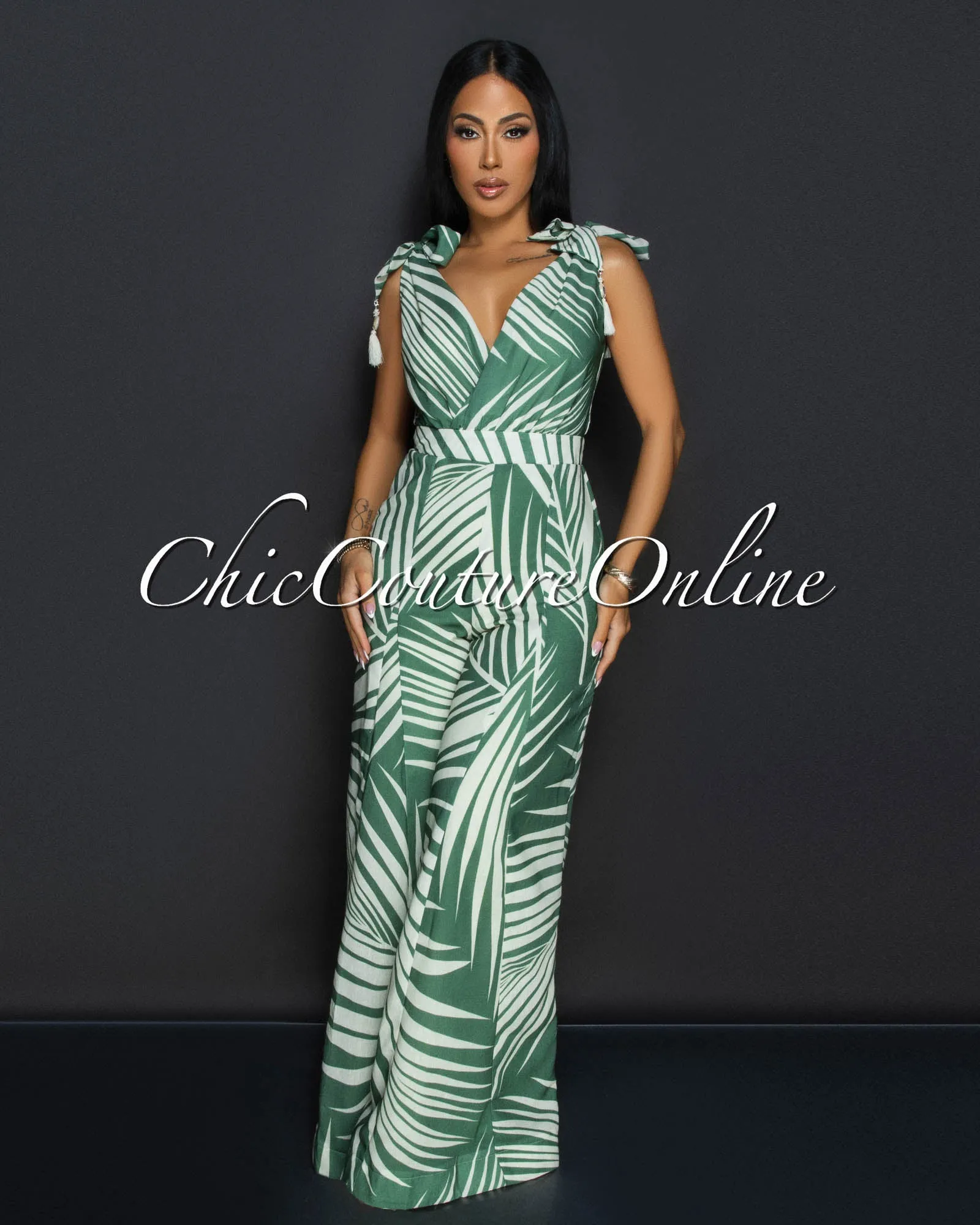 Sitti Green Beige V Neck Wide Legs Jumpsuit sold by Chic Couture product image thumbnail 3