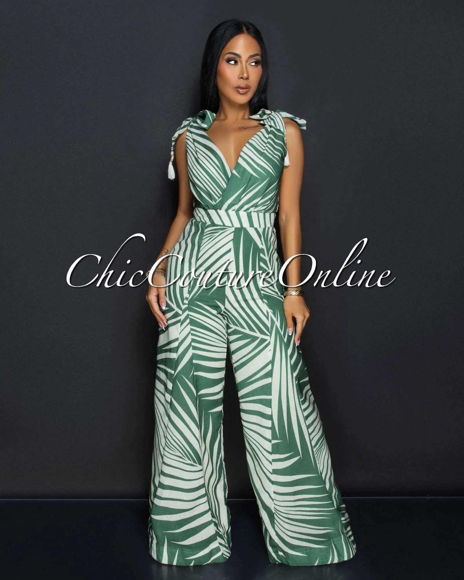 Sitti Green Beige V Neck Wide Legs Jumpsuit sold by Chic Couture product image thumbnail 2